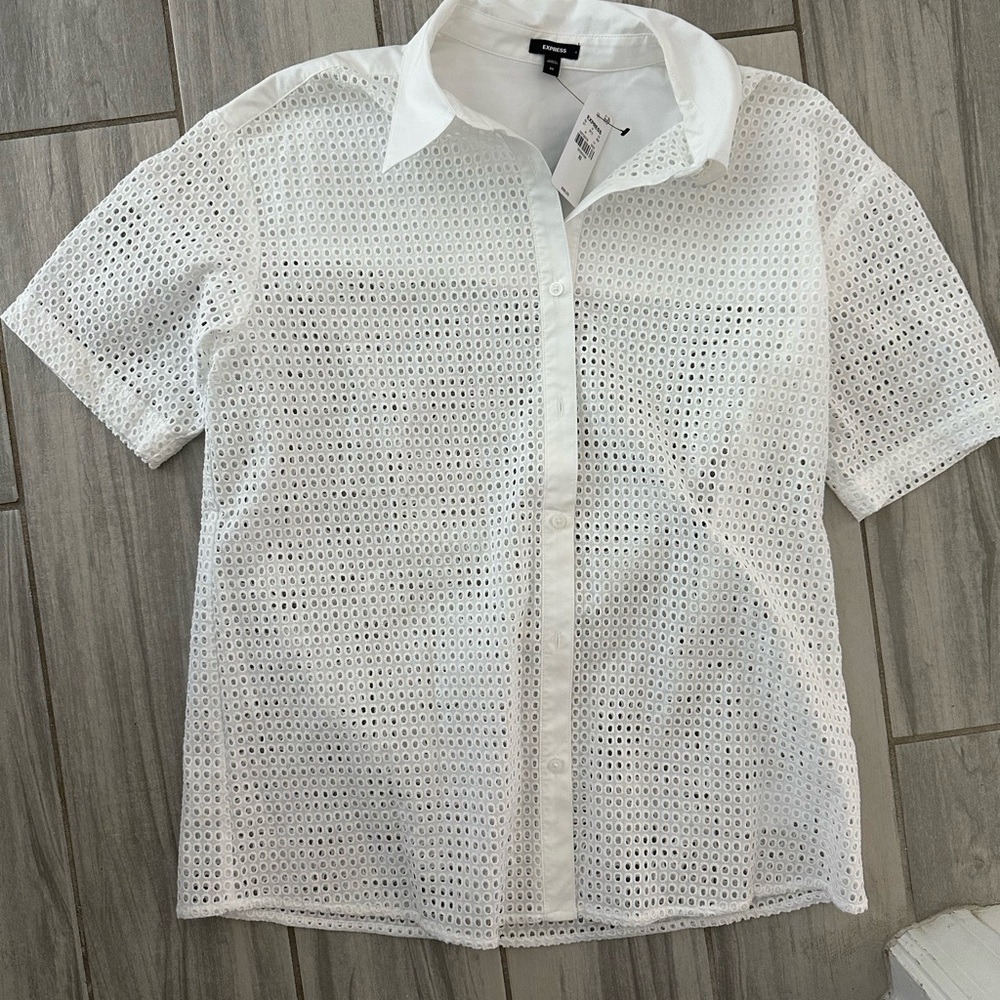 Express White Eyelet Button-Down Shirt